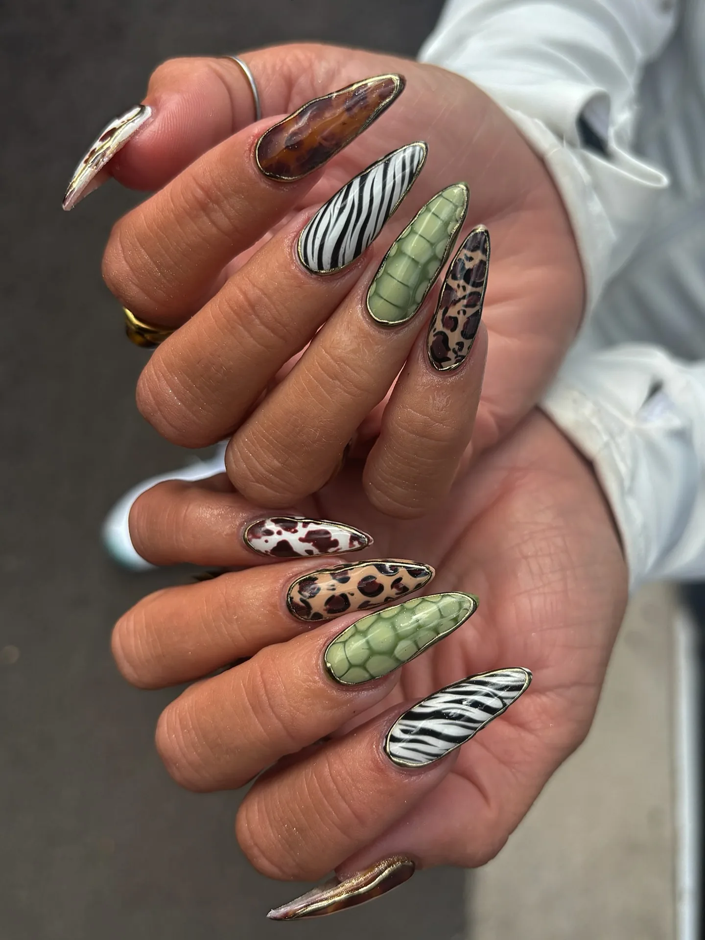 Ongles longs en amande aux imprimés écaille, zèbre, léopard et crocodile vert, rehaussés d'or.