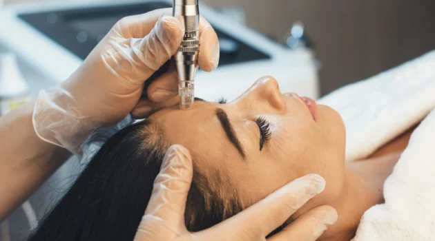Gros plan d'un soin de microneedling professionnel réalisé sur le visage d'une femme en clinique
