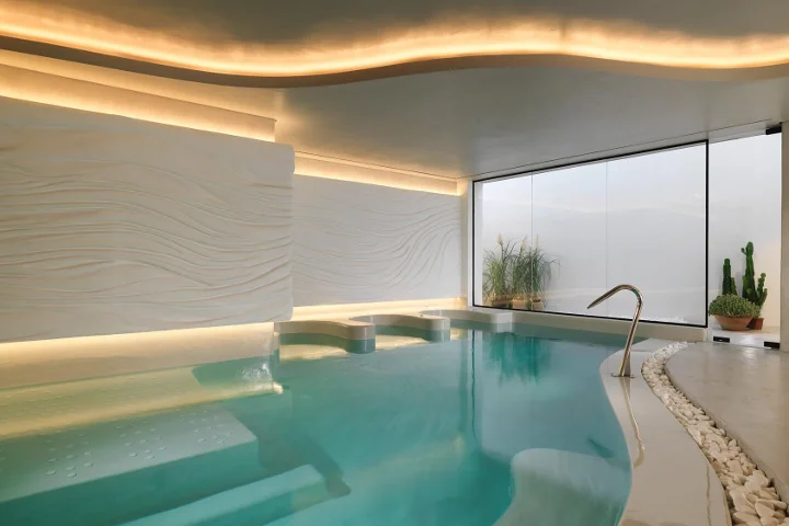 Un bassin de thalassothérapie intérieur à l'eau turquoise pâle, avec des transats intégrés, un mur blanc texturé en vagues éclairé par une corniche lumineuse, un plafond incurvé, une grande fenêtre dépolie, des graminées en pot et un cactus, et une bordure de galets.
