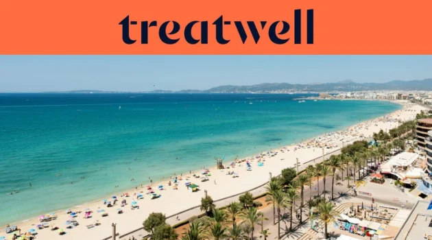 Vue aérienne de la Playa de Palma à Majorque : une longue courbe de sable doré, des rangées de parasols, une eau turquoise et calme, et une promenade bordée de palmiers longeant la ville, avec des collines au loin sous un ciel bleu limpide.