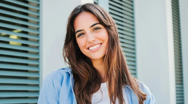Une femme aux longs cheveux bruns et aux sourcils bien définis se tient à l'extérieur, souriante, devant un bâtiment aux volets verts