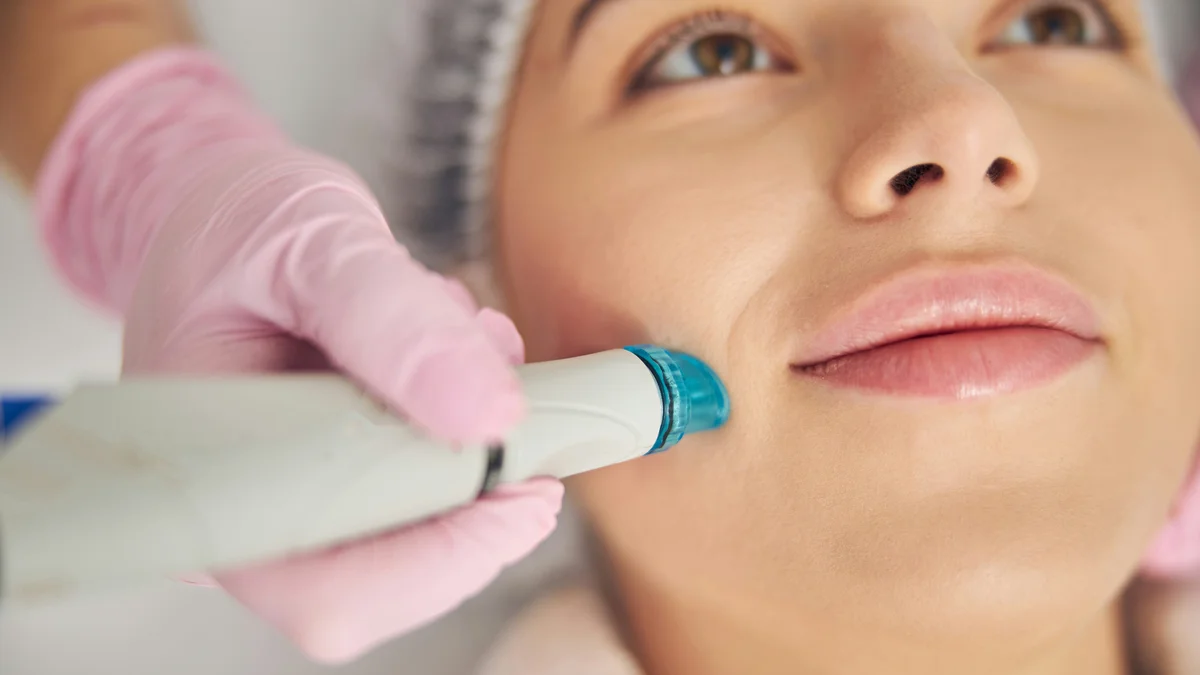Gros plan d'un appareil Hydrafacial glissant sur la joue d'une cliente pendant un soin en institut