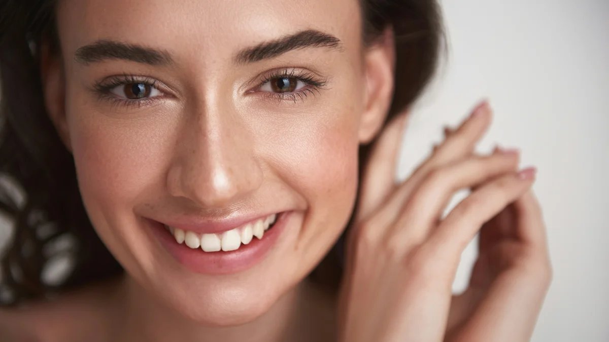 Gros plan du visage souriant d'une femme au maquillage léger, la peau éclatante