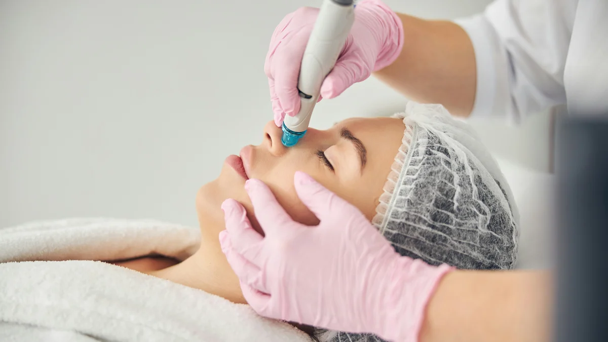 Gros plan d'une femme pendant un soin Hydrafacial, une professionnelle aux mains gantées faisant glisser l'appareil sur son nez